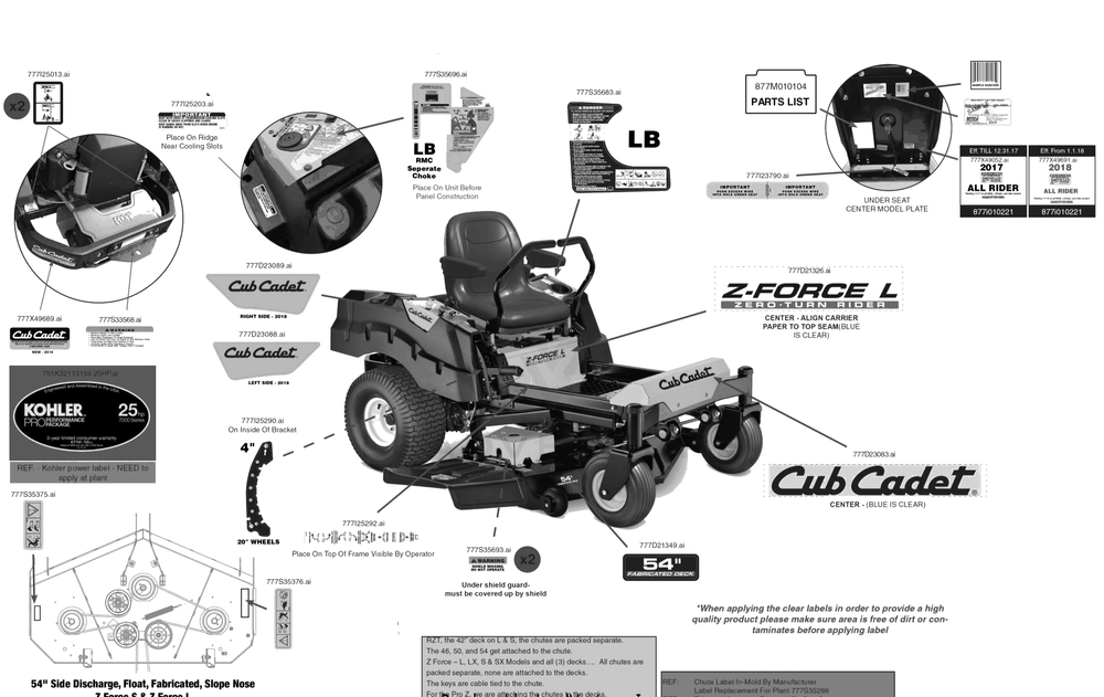 Label Map Diagram and Parts List for Z-FORCEL54KH (17ASDALC056)(2018) Cub Cadet Lawn Tractor